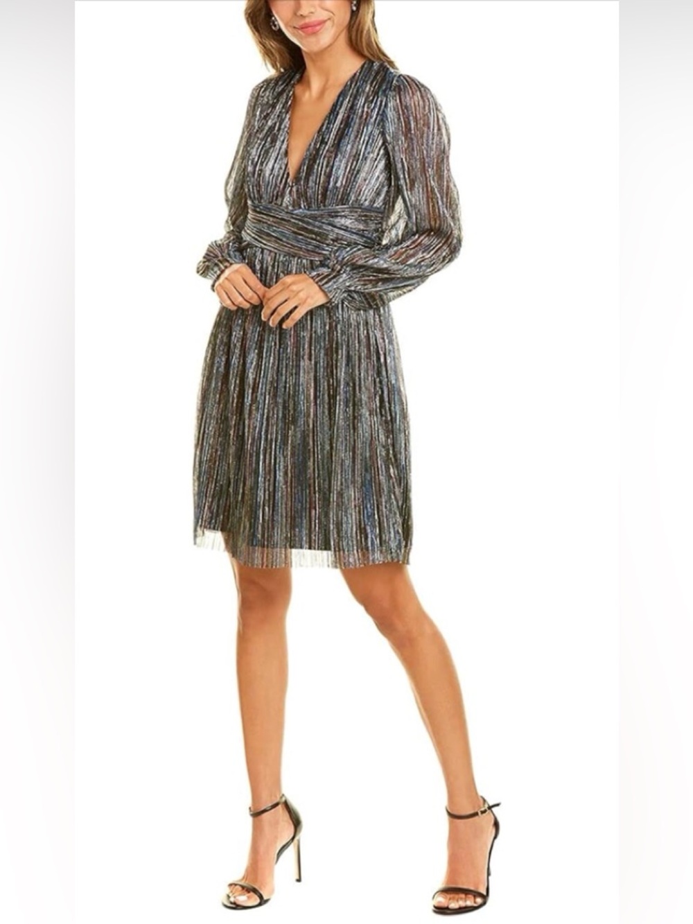 Trina Turk Cherry Blossom Metallic Stripes Deep V-Neck Long Sleeves Dress Size 6